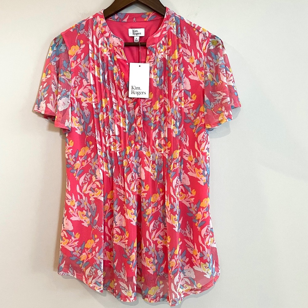 Kim Rogers Pink Floral Mesh Pleated Blouse Short Sleeve Split Neck Top Small NWT